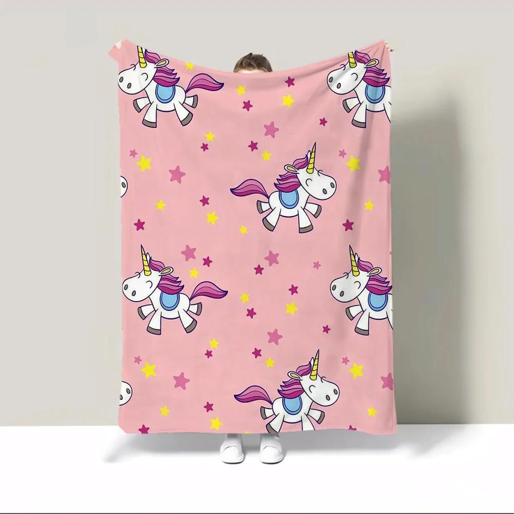 Милый мультяшный плед из фланели с единорогом, вязаный плед в клетку для дома, теплое одеяло для зимы, пушистое мягкое одеяло и плед на колени