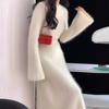 Streetwear Dress Sets Women Two Piece Sets Autumn O-Neck Loose Fur Flared Sleeve Tops Thick Mid Length Skirt Set Korean