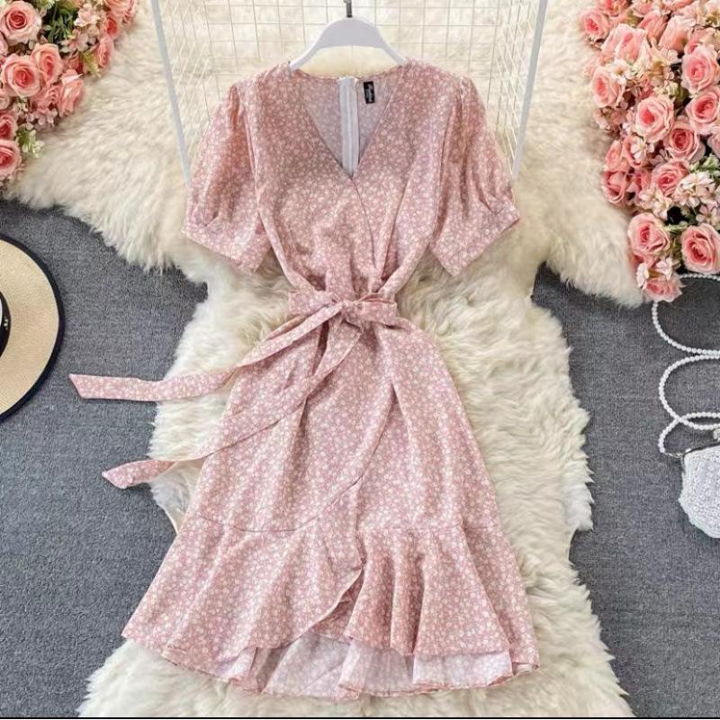 French v-neck floral dress summer new high waist thin sweet small ruffle edge A-word skirt short skirt