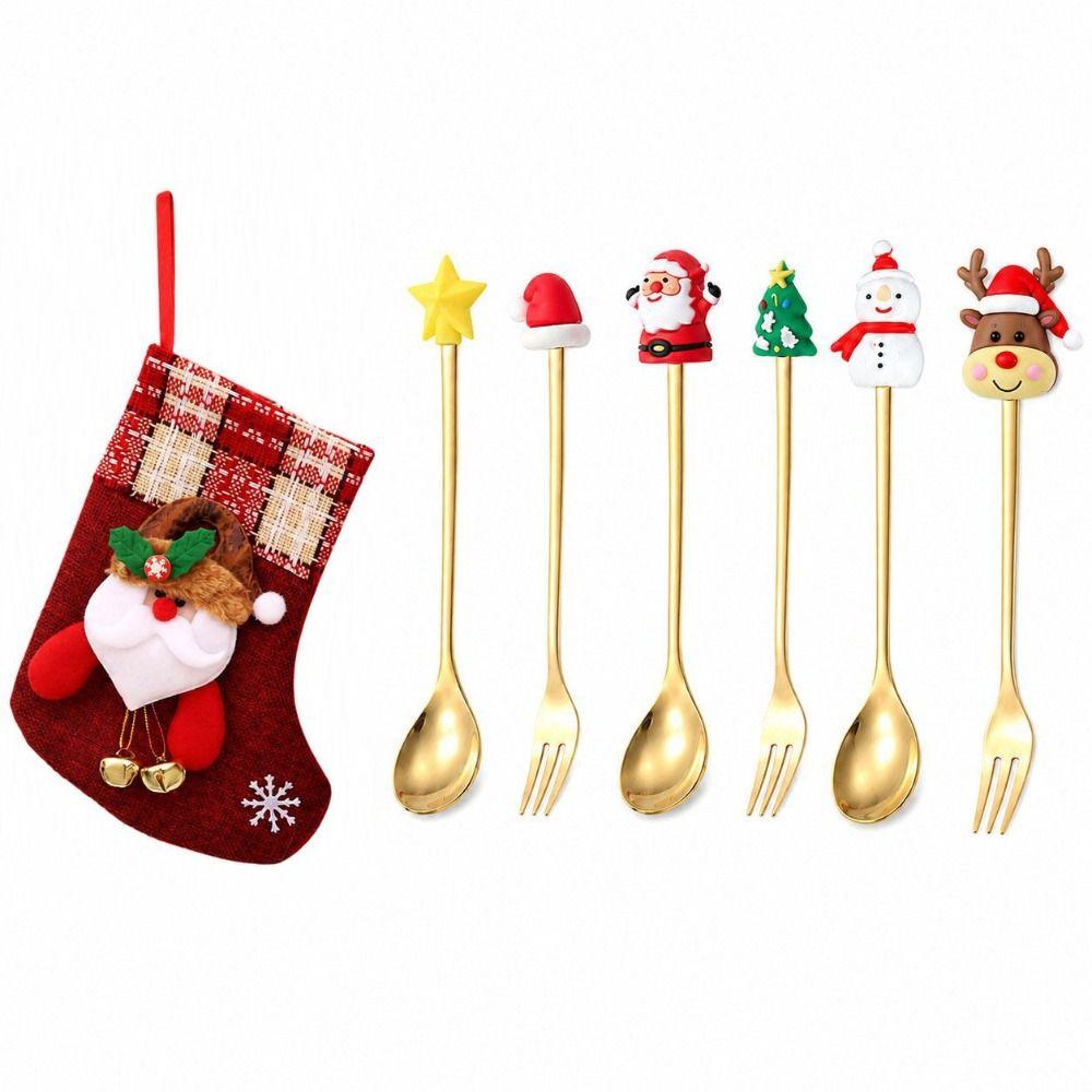 Doll Design Stainless Steel Spoon Set Tree/Star/Santa Motifs Christmas Fork & Spoon Set  Xmas Gifts