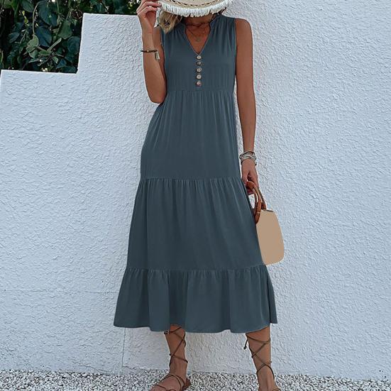 Женское летнее платье с V-образным вырезом без рукавов в стиле пэчворк, трапециевидный подол, чистый цвет, декор на пуговицах, большие качели, мягкое платье до середины икры для отдыха, пляжное платье миди