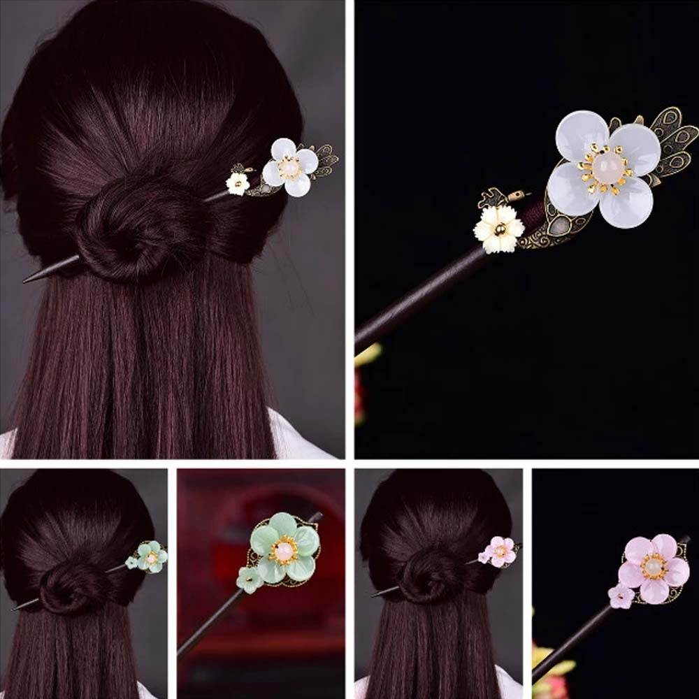 Girls Glaze Flower Chinese Style Female Antique Hairpin Han Costume Accessories Wooden Hair Stick