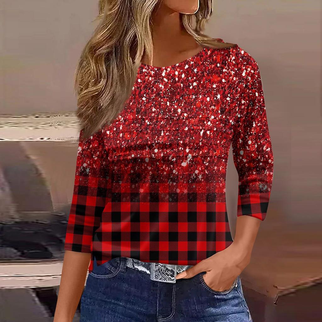 Женская мода повседневный свободный топ с рукавом 3/4 в полоску с круглым вырезом