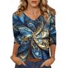 Женские топы, рубашка с рукавом три четверти, свободная повседневная рубашка с V-образным вырезом, футболка с цветочным принтом