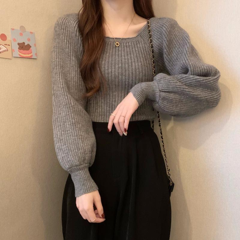 Высококачественный свитер с пышными рукавами и квадратным вырезом - Осенне-зимний приталенный универсальный топ