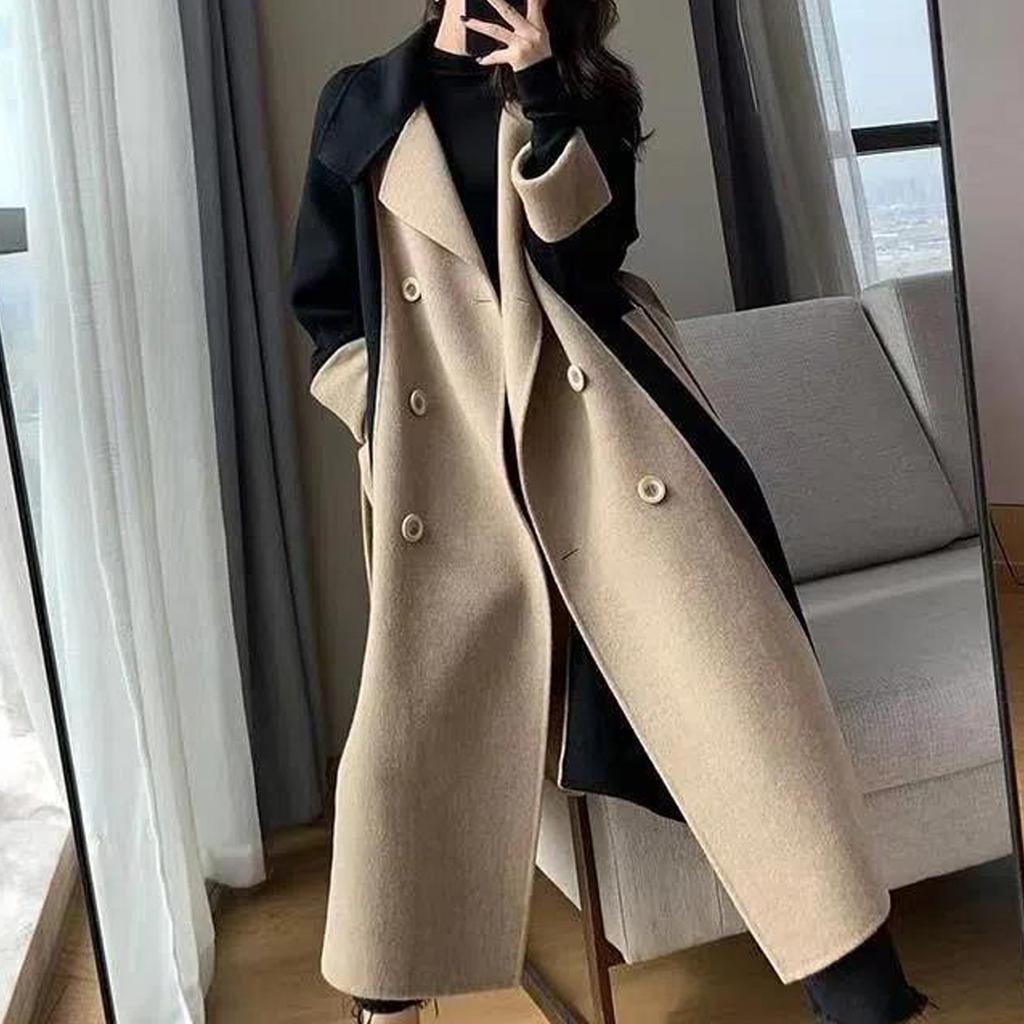 Женское повседневное длинное двустороннее кашемировое тонкое шерстяное пальто соответствующего цвета по темпераменту