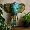 Elephant Head Wood Sculpture, Large Gold Turquoise