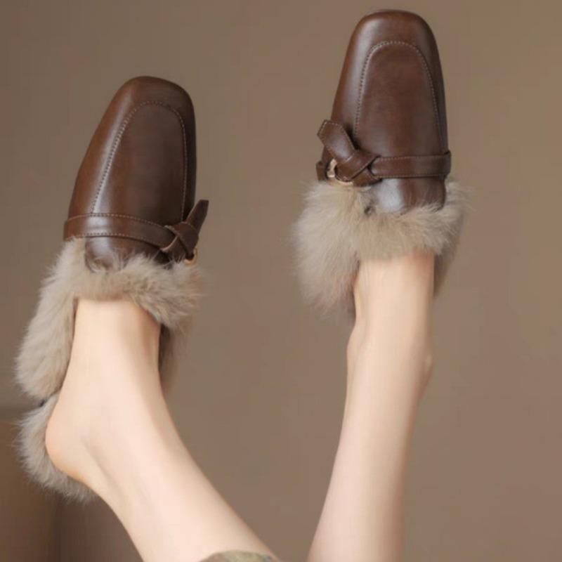 Женские меховые балетки из хлопка, зимние кожаные мюли, женская обувь 2025 года, тренд, мода, повседневные, теплые, уютные, хлопковые тапочки, шлепанцы