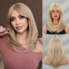 Light Gray Blonde Shoulder Straight Wig for Women - Asian Babe Curtain Bangs, Heat Style Trim Ready, High Quality Machine Made Full Cap Wig