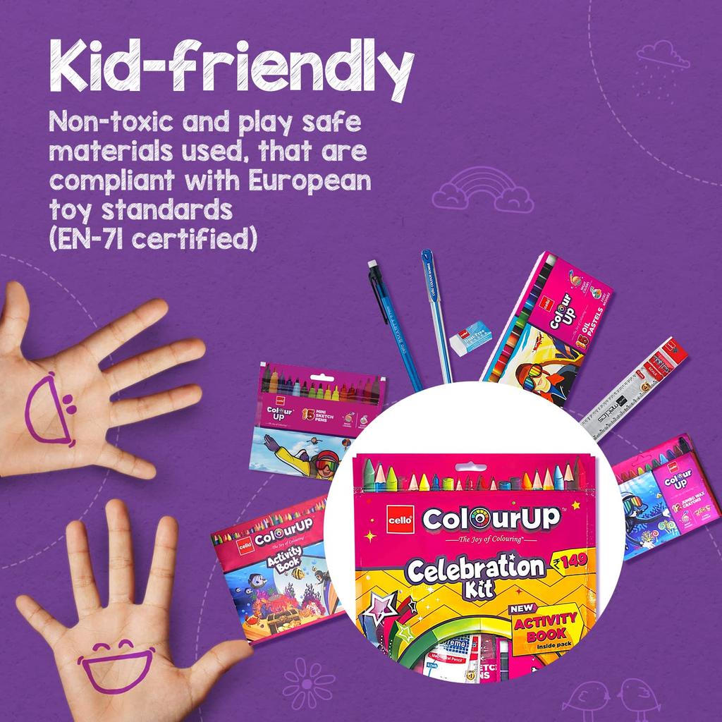 Cello ColourUp Celebration Kit Gift Pack with 10 Wax Crayons, 12 Oil Pastels, 15 Mini Sketch Pens & Activity Book for Kids, Pack of 2