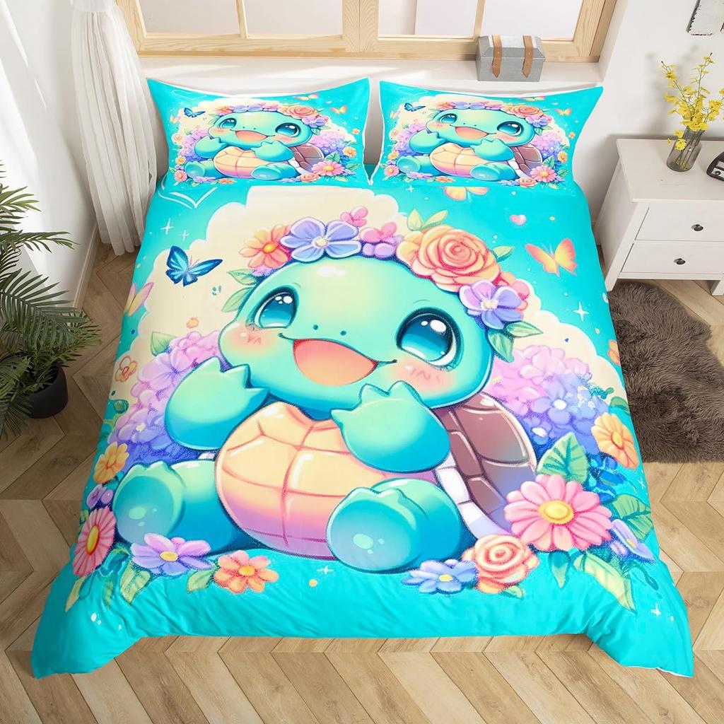 Turtle Butterfly And Flower Duvet Cover For Kids Boys Girls Lightweight Quilt Cover With 2 Pillowcase Cartoon Turtle Bedding Set