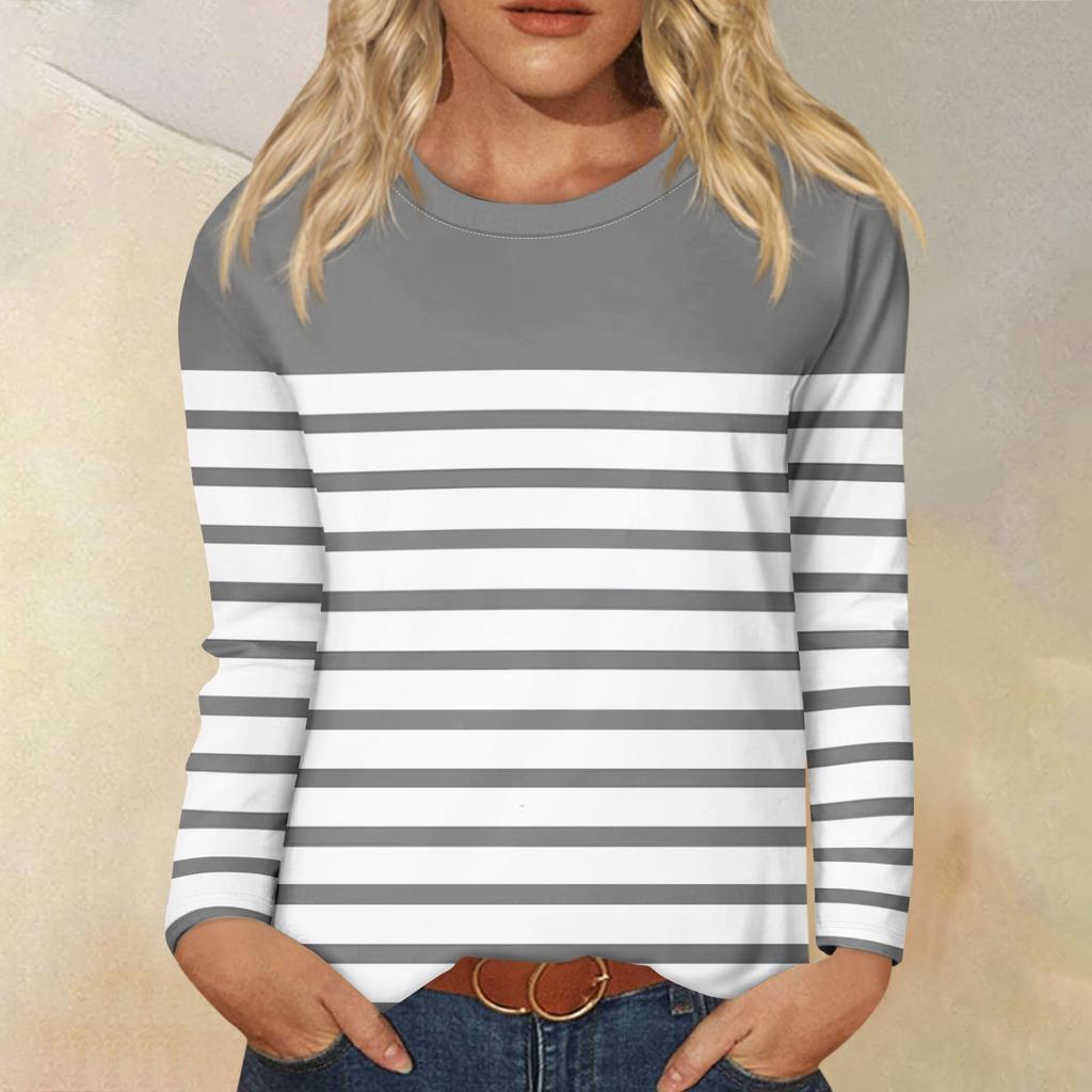 Рубашки с длинным рукавом для женщин, футболки в полоску с графическим принтом, блузки, повседневные базовые топы больших размеров, пуловеры
