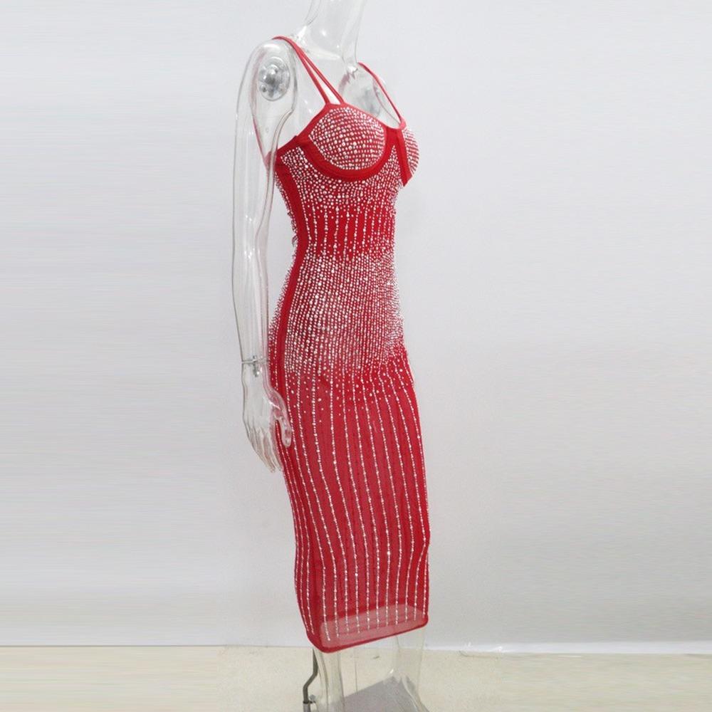 Sexy Sequin Glitter Crystal Midi Dress Women Sleeveless Strap Bodycon Club Dresses Plus Size Evening Mermaid Dresses