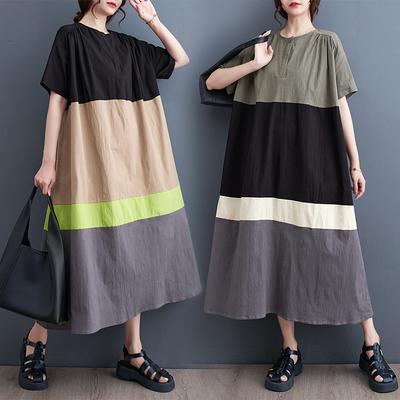 2025 Летнее платье больших размеров Женское платье Свободное Новое винтажное повседневное базовое длинное платье-рубашка с коротким рукавом