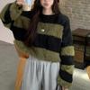 Imitation Mink Temperament Striped Contrasting Sweater Women's Autumn and Winter Soft Waxy Design Sense Retro Loose Long-sleeved Knitted Sweater Top