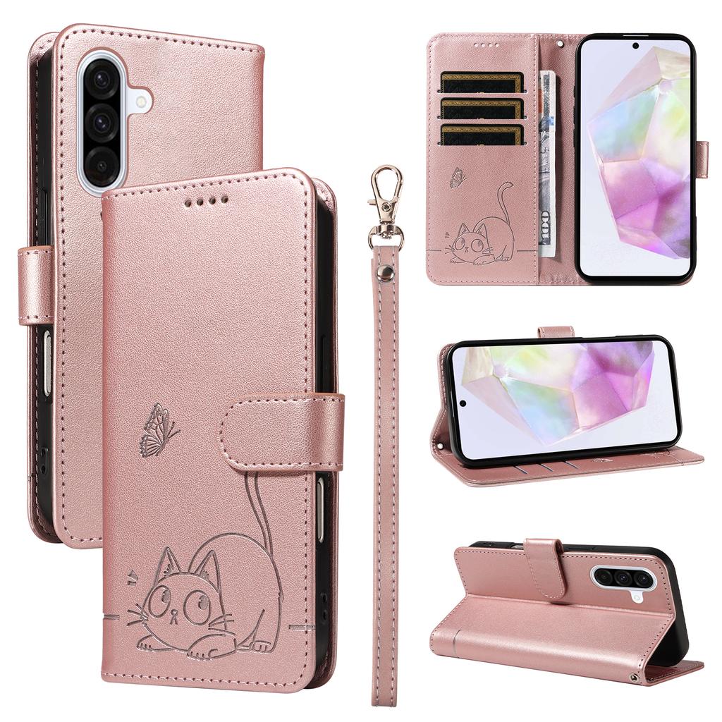 For Samsung Galaxy A36 5G Case Cat Pattern Imprint Leather Phone Cover with Wrist Strap