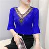Summer Fashion Sexy V-neck Girl T-shirt Clothes Shiny Hot Diamond Flare Sleeve Mesh Tees High Quality Women's Tops