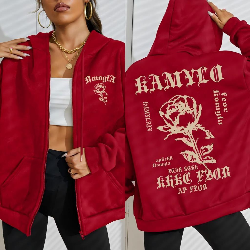 Оригинальность Роза Арт Шрифты Принт Женское Худи на Молнии Мода Свободная Уличная Одежда Повседневное Флисовое Худи Осенний Спортивный Костюм