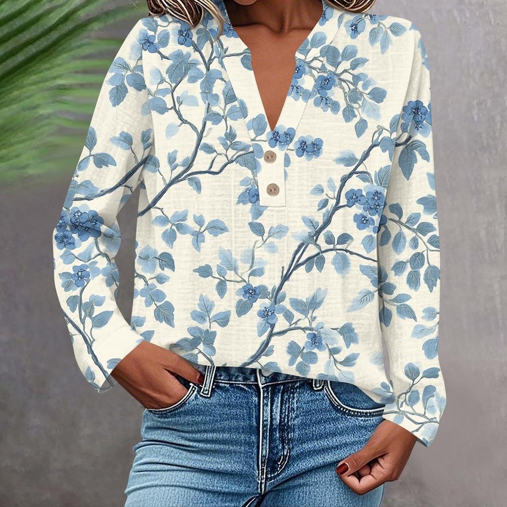 Женская модная и повседневная рубашка с длинным рукавом, V-образным вырезом, на пуговицах, с принтом, блузка, топ