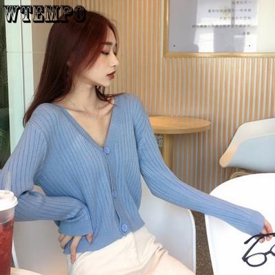 Женский короткий свитер однотонный вязаный кардиган весенне-осенний свитер с V-образным вырезом и длинными рукавами