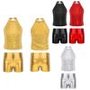 Girls Sleeveless Backless Shiny Sequin Halter Crop Top Metallic Dance Shorts Jazz Dance Stage Performance Outfit