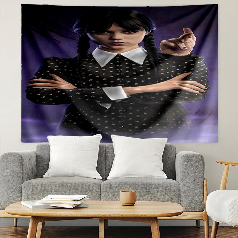 Wednesday Print Tapestry, Backdrop, Easy Setup, Ideal for Bedroom, Office & Living Room, with Aesthetic Wall Hanging Decor.