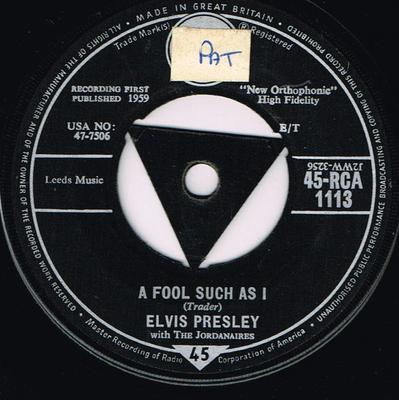 Пластинка 7 дюймов ELVIS PRESLEY THE JORDANAIRES A Fool Such As I I Need Your Love 45RCA1113 RCA 1959 Великобритания Рок Б/у