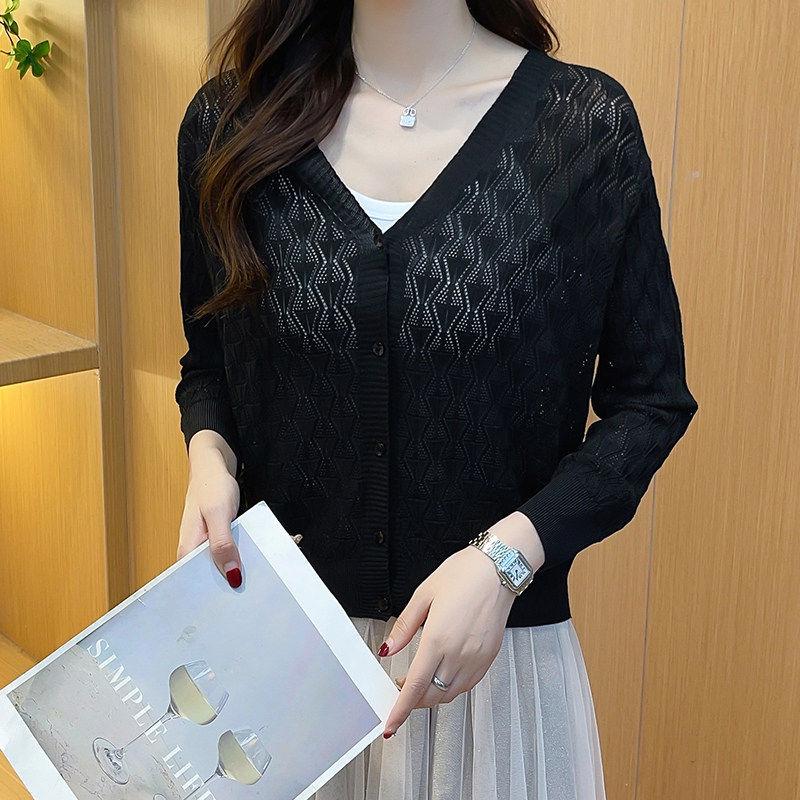Women's Ice Silk Hollow-Out Cardigan Shawl with Camisole Thin Knit Top