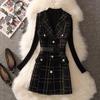 Women's Fashion Woolen Plaid A-Line Dress with Knitted Shirt