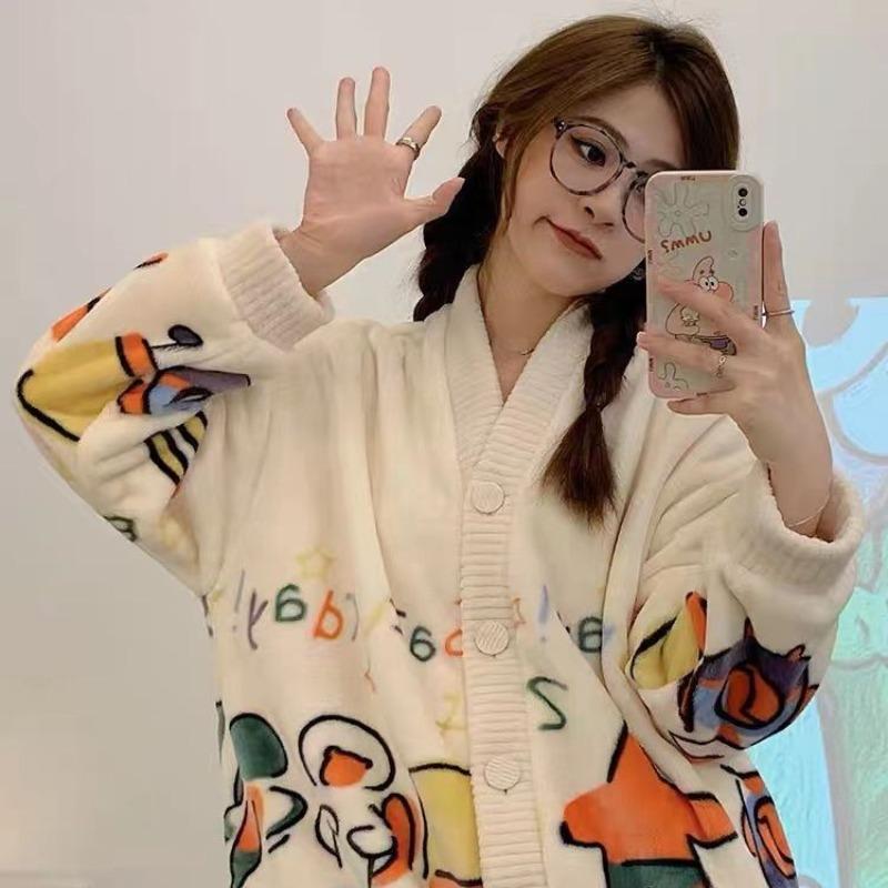 Sleepwear Set Thickened Warm Cute Sweet Cardigan Home Clothes for Women