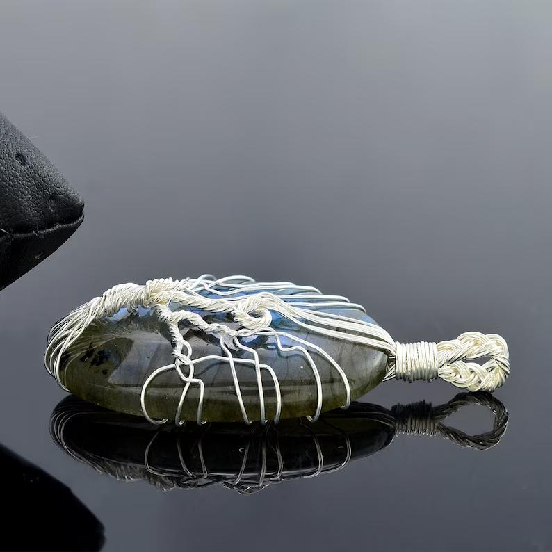 Сертифицированный натуральный лабрадоритовый кулон из серебряной проволоки 925 пробы с деревом