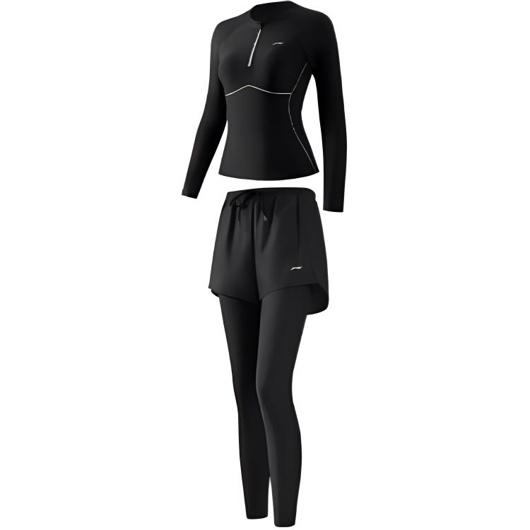 Li Ning Competitive Series Solid Color Round Neck Pullover Long Sleeve Sports Casual Minimalist Splicing Swimsuit Set Women Swimsuit LNYW052-1