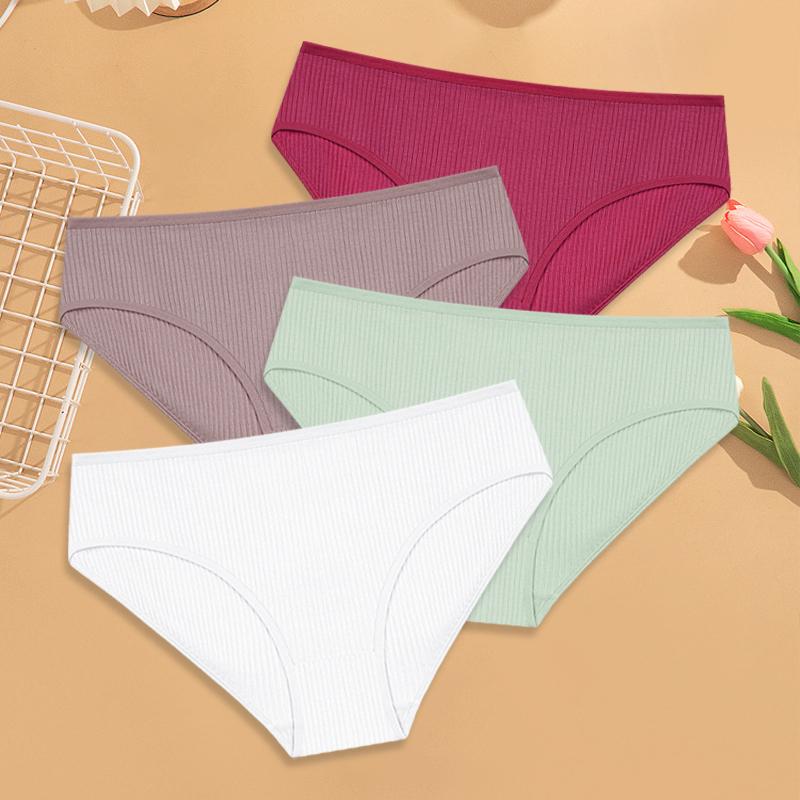 4Pcs Women's Cotton Ribbed Briefs Solid Breathable Elastic Underwear Sexy Simple Comfortable Panties Girls Soft Basics Lingerie