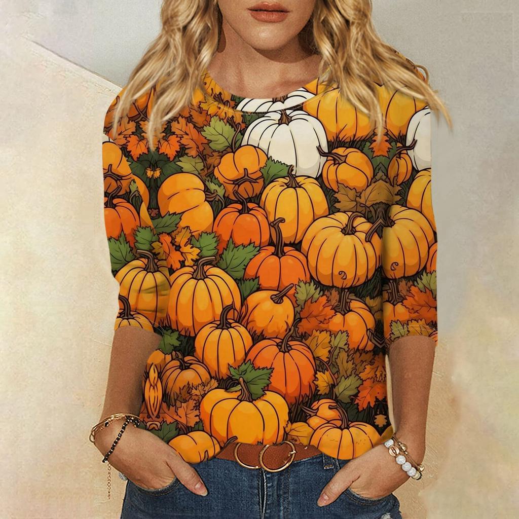 Женская модная повседневная свободная футболка с круглым вырезом и рукавами 3/4 на Хэллоуин, женский топ