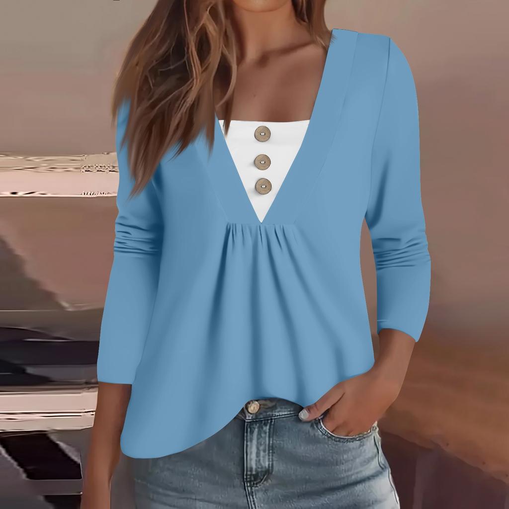 Women's Fashion Casual Long Sleeve Shirt Solid Color Button V Neck Up Tops