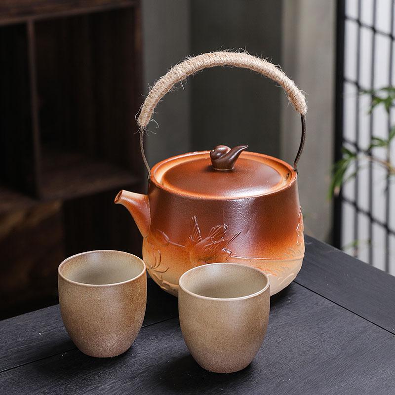 Coarse pottery tea set, household ceramic Kung Fu teacup, beam pot, teacup fireplace tea with gift box.