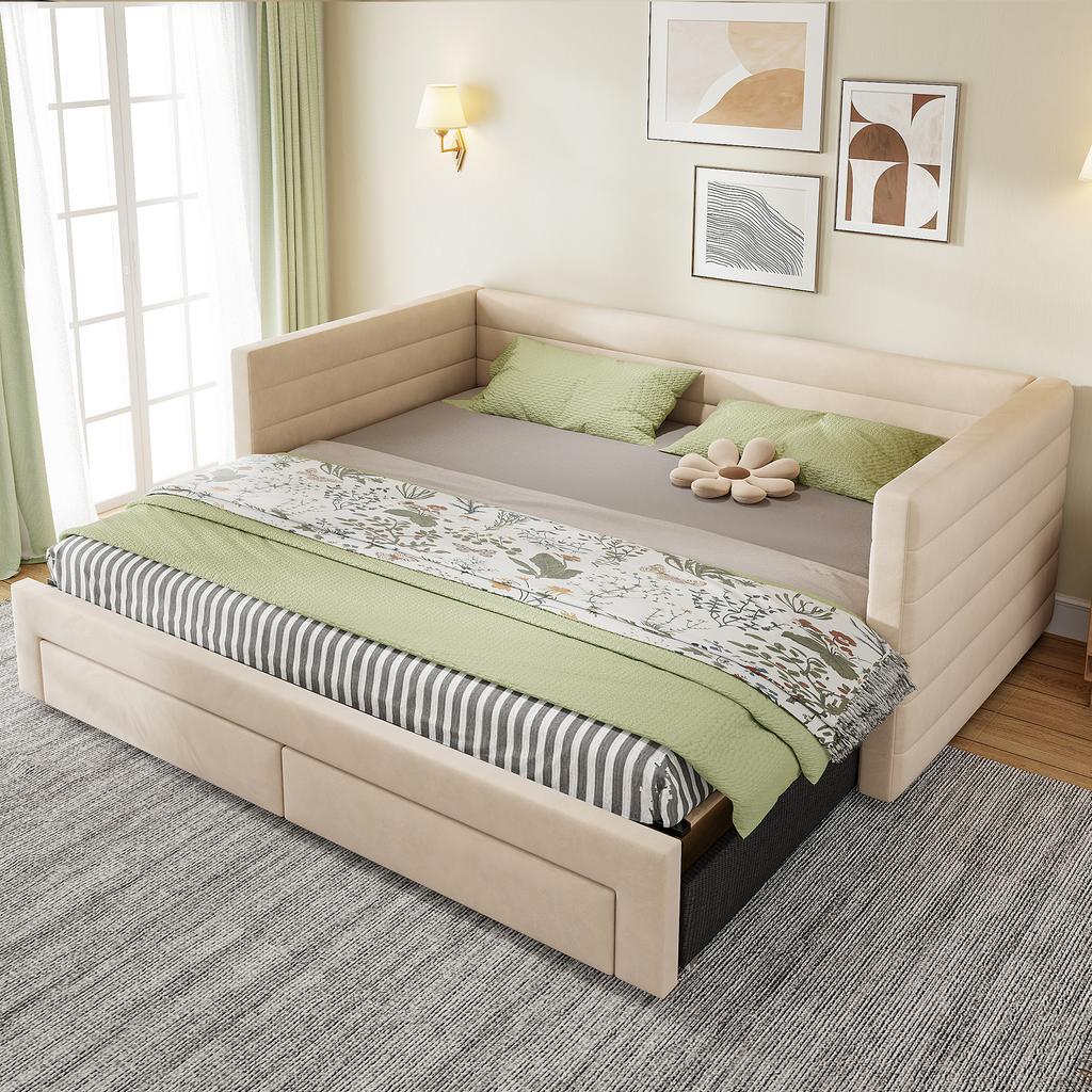 Upholstered 3-in-1 Sofa Bed 90 x 190 cm, Drawers, Convertible into Single/Double with Slatted Frame, Cotton and Linen, beige (Mattress not included)