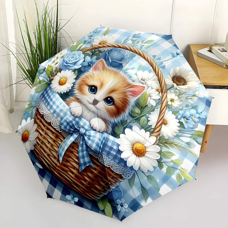 1pc Kitten Basket Automatic Folding Umbrella, 8 Ribs Iron Frame, Suitable for Outdoor Travel and Daily Use yy251120256
