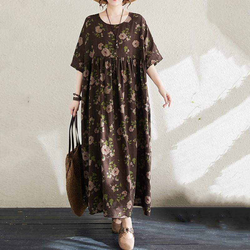 Новое платье из хлопка с короткими рукавами и цветочным принтом, повседневное свободное длинное летнее платье для женщин