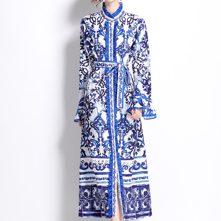 Весна-Осень, взлетно-посадочная полоса, желтый, красный, синий и белый фарфоровый халат с принтом, женские вечерние платья макси с рюшами и длинными расклешенными рукавами на шнуровке с поясом