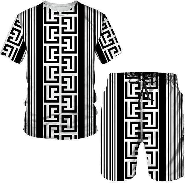 Летний мужской комплект, повседневный костюм-футболка с короткими рукавами, модный топ большого размера с 3D принтом, шорты, дышащая спортивная одежда, спортивный костюм, уличный