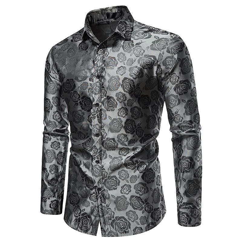Men S Long Sleeve Rose Print Slim Fit Casual Shirt