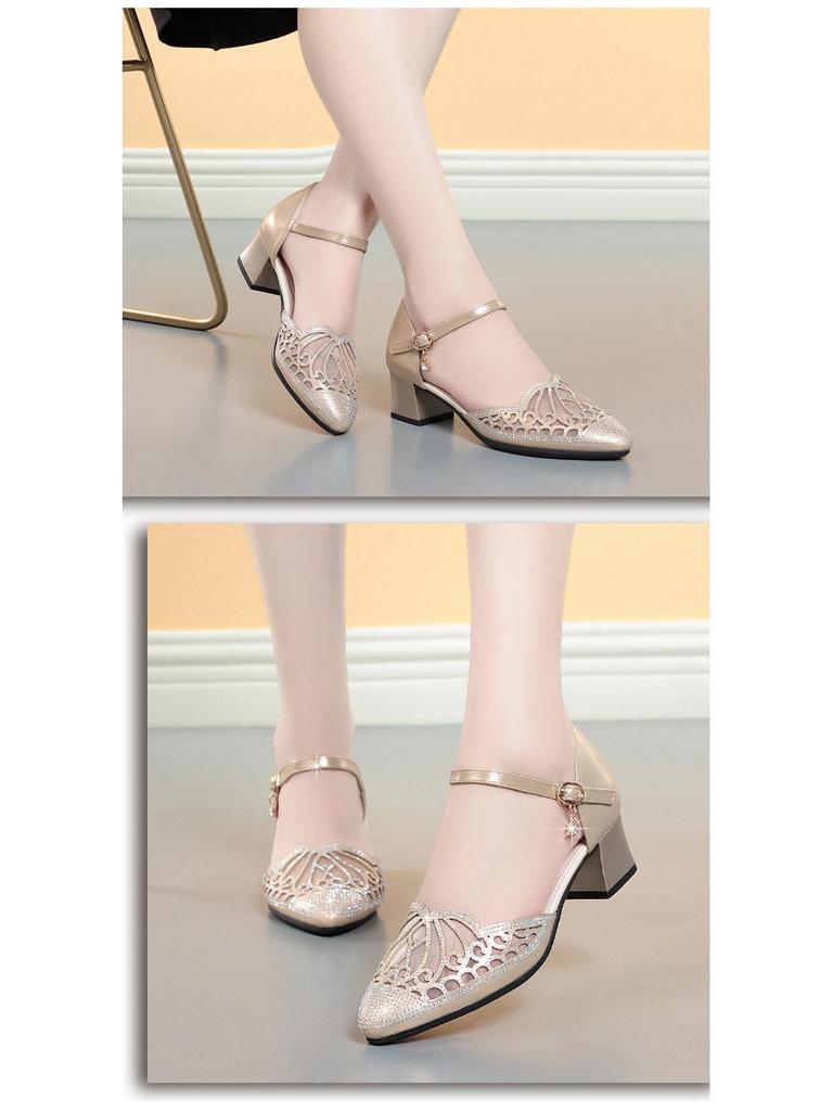 Gold Chunky Heel Mesh Sandals for Women - 2022 Summer Style, One-Strap, Hollowed Design for Middle-Aged Women