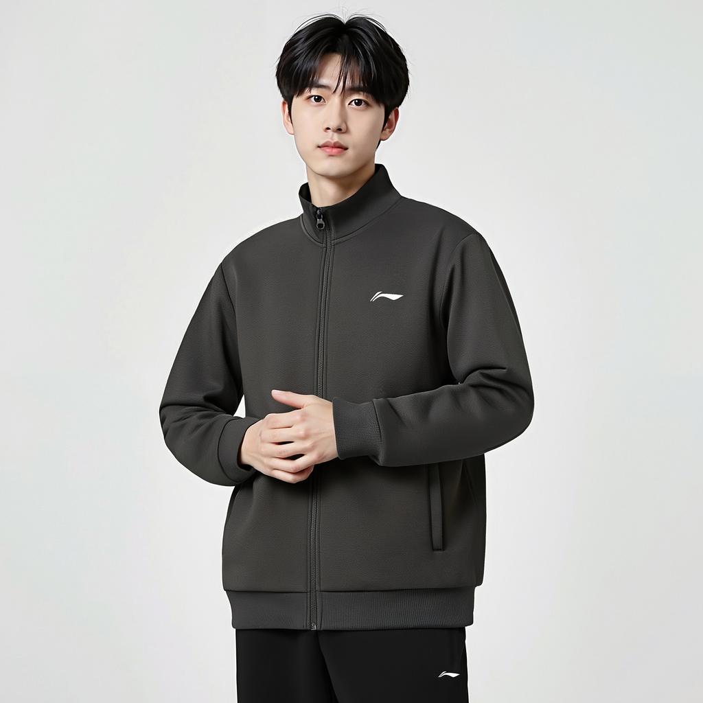 Li Ning Sweatshirts Unisex Obsidian Gray Crew Neck Moderate Cardigan AWDVG71-3