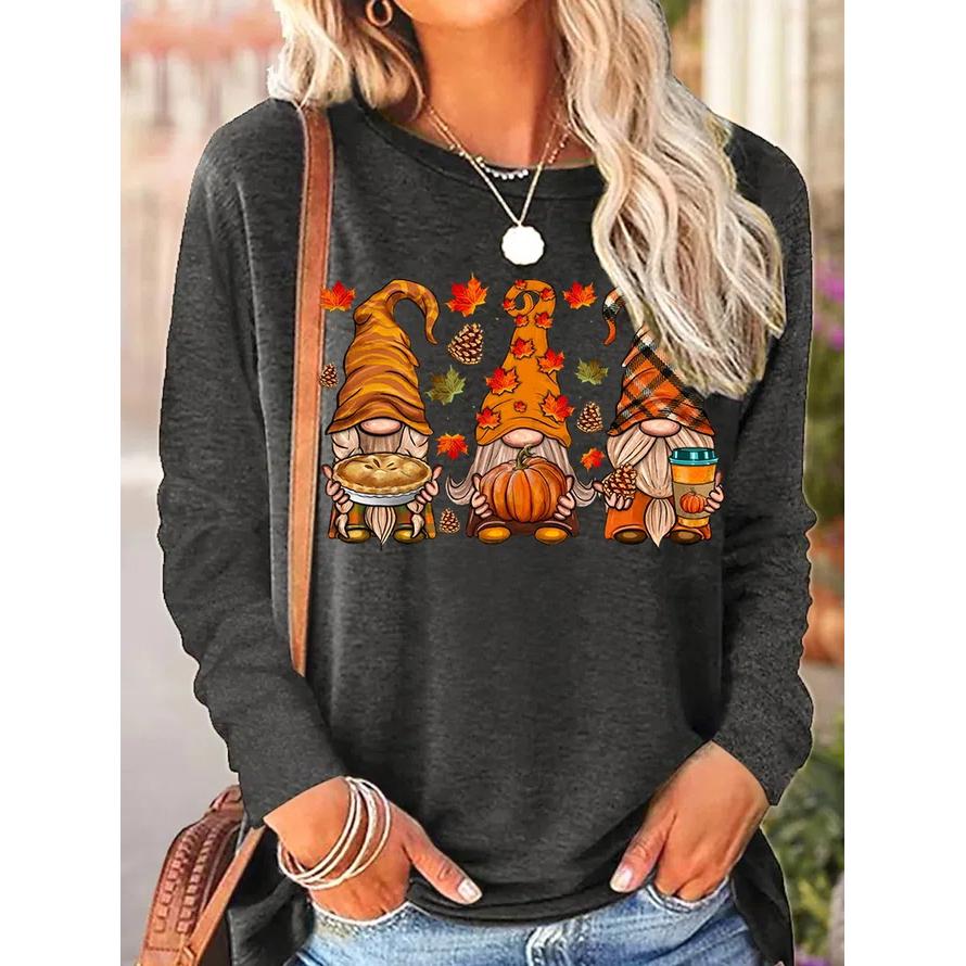 Футболки с длинными рукавами и забавным принтом для женщин, модный повседневный пуловер, осенние гномы, осенние повседневные топы в стиле Харадзюку с тыквой и принтом на День благодарения