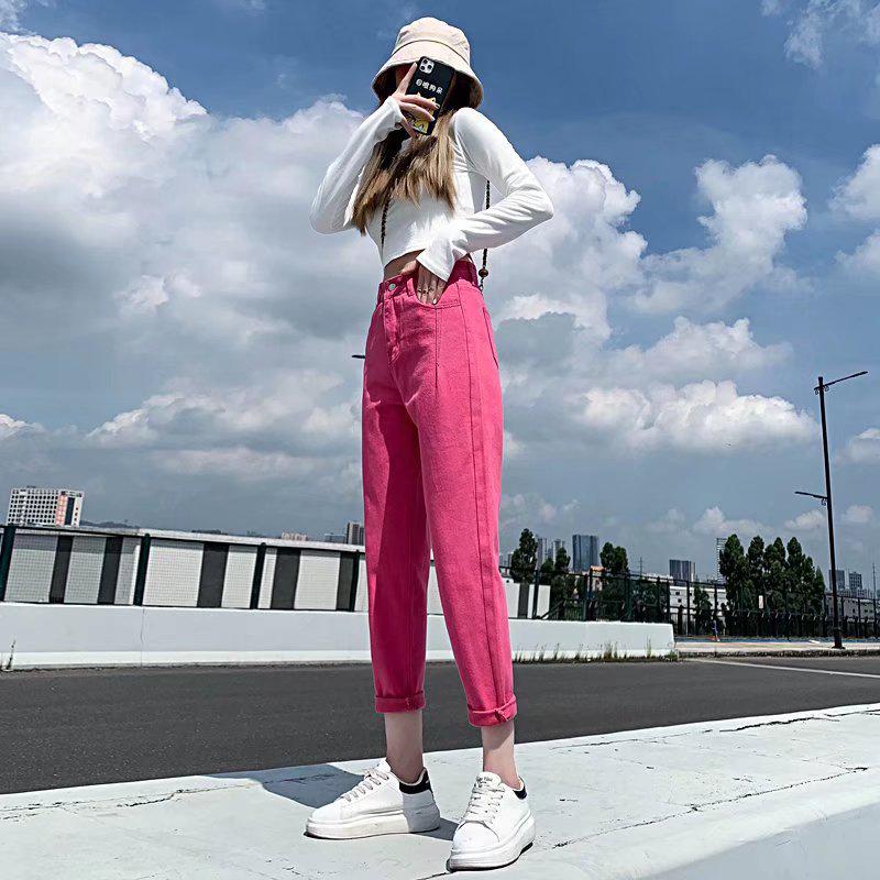 Женские розово-красные джинсы-морковки с высокой посадкой - Весенне-летние, стройнящие, свободные, повседневные, прямого кроя