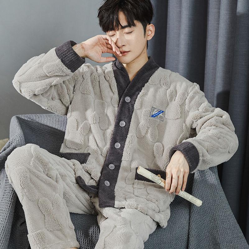 Комплект из 2 предметов осенне-зимняя фланелевая мужская пижама теплые длинные рукава длинные брюки плюс утолщенная домашняя одежда из бархата