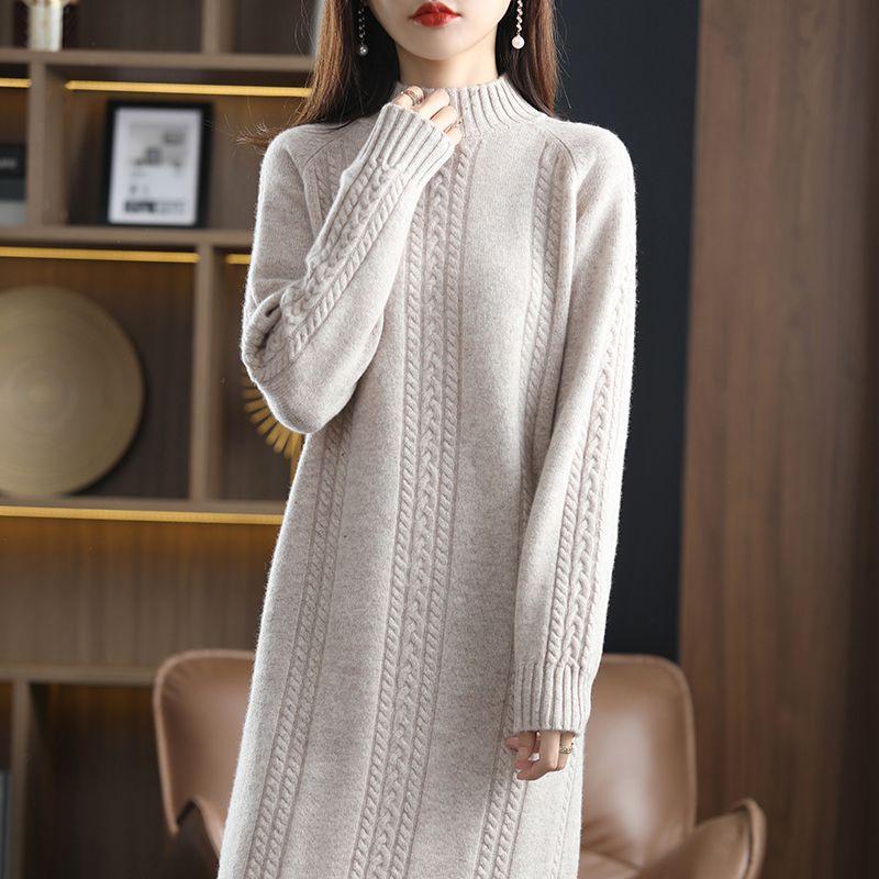 Autumn and Winter Dress Sweater Wool Women Solid Loose O Neck Long Sleeve Half High Collar Fried Dough Twists Dress Pullover