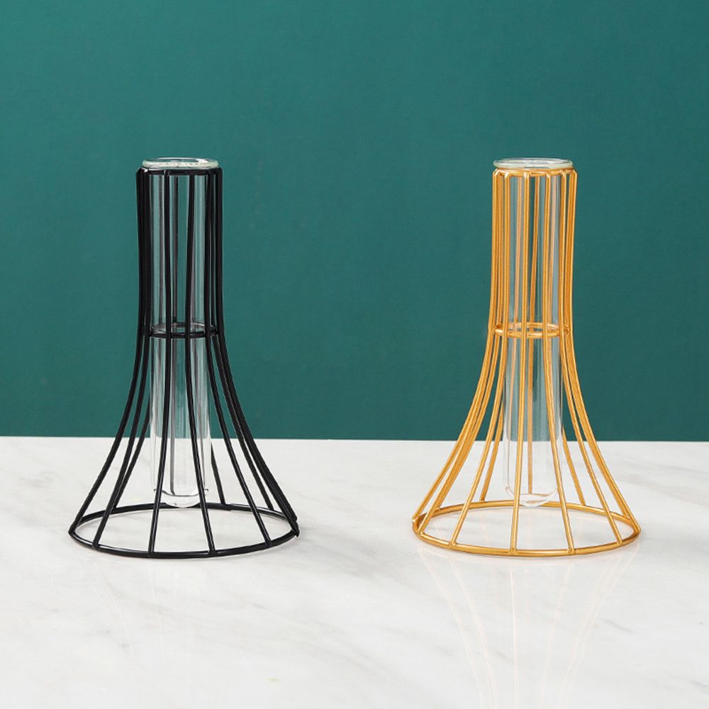 Nordic Styles Hydroponic Flower Vase Geometric Line Frame Iron Art Vase Glass Test Tube Metal Holder Home Decoration Craft Gift
