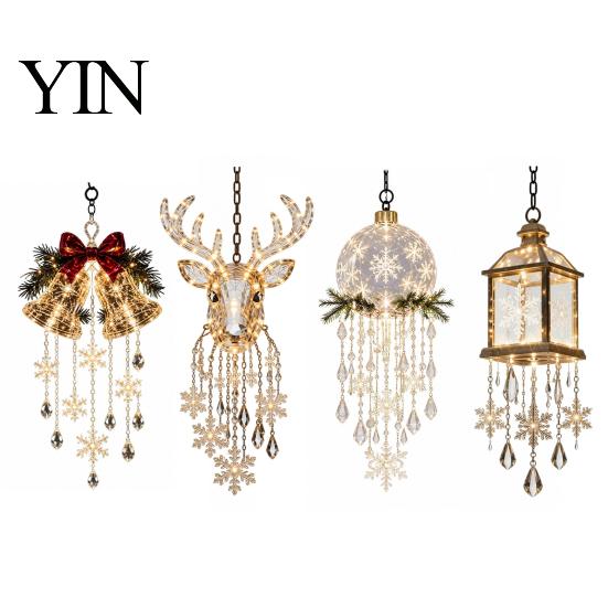 Hanging Seasonal Decor Christmas Bell Chandelier, Lighted Deer Decoration with Cascading LED Strands, Snowflake Festival Atmosphere Lighting